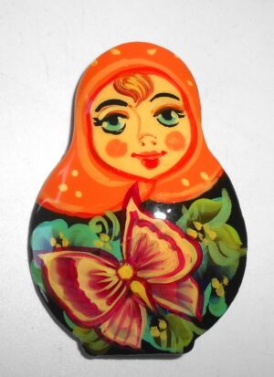 Brooch: Anya with butterfly orange w/dots scarf Babushka Matryoshka Babooshki Babushkas