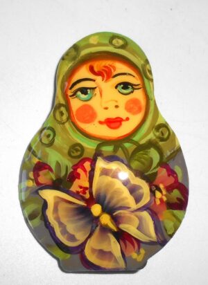 Brooch: Anya with butterfly green scarf Babushka Matryoshka Babooshki Babushkas