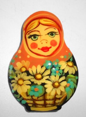 Brooch: Anya with flower basket orange scarf Babushka Matryoshka Babooshki Babushkas