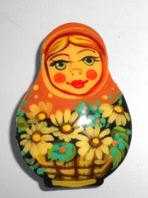 Brooch: Anya with flower basket orange scarf Babooshki s
