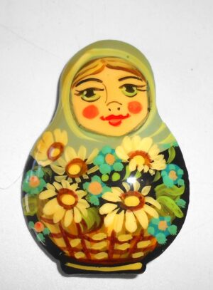 Brooch: Anya with flower basket pale green scarf Babushka Matryoshka Babooshki Babushkas