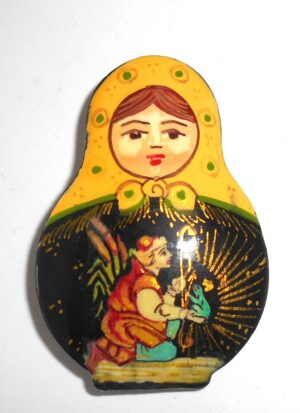 Brooch: ‘Frog Princess’ yellow scarf Babooshki s