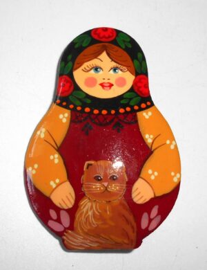 Brooch: Galya with cat black scarf Babushka Matryoshka Babooshki Babushkas