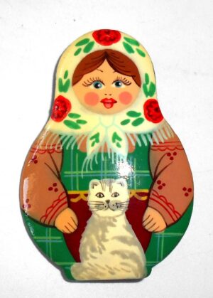 Brooch: Galya with cat white scarf Babushka Matryoshka Babooshki Babushkas