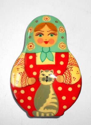 Brooch: Galya with cat green scarf Babushka Matryoshka Babooshki Babushkas