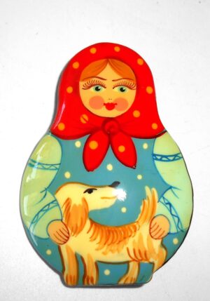 Brooch: Galya with dog red scarf Babushka Matryoshka Babooshki Babushkas