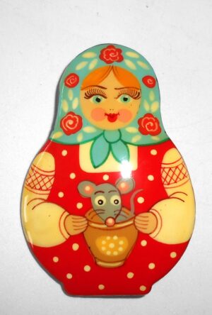 Brooch: Galya with mouse blue scarf Babushka Matryoshka Babooshki Babushkas