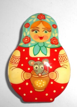 Brooch: Galya with mouse blue scarf Babooshki s