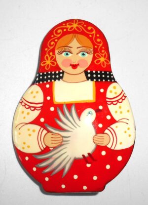 Brooch: Galya with dove red scarf Babushka Matryoshka Babooshki Babushkas