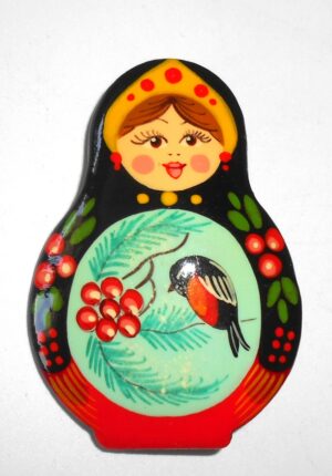 Brooch: Galya with bullfinch black dress Babushka Matryoshka Babooshki Babushkas