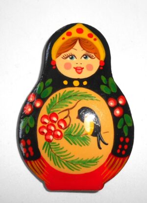 Brooch: Galya with bullfinch on yellow Babushka Matryoshka Babooshki Babushkas