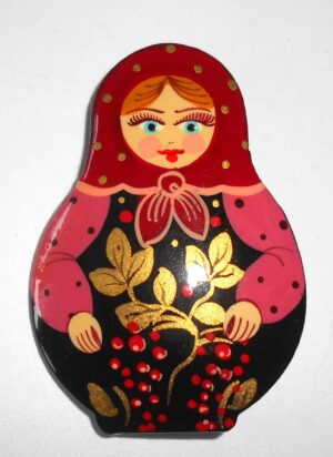 Brooch: Galya with golden leaves Babushka Matryoshka Babooshki Babushkas