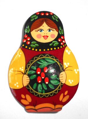 Brooch: Galya with Zhostovo tray Babushka Matryoshka Babooshki Babushkas