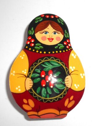 Brooch: Galya with Zhostovo tray Babooshki s