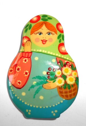 Brooch: Galya in light blue apron Babushka Matryoshka Babooshki Babushkas