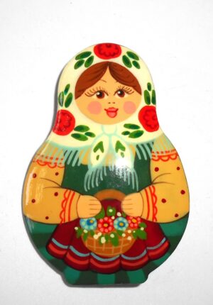 Brooch: Galya with flower basket white scarf Babushka Matryoshka Babooshki Babushkas