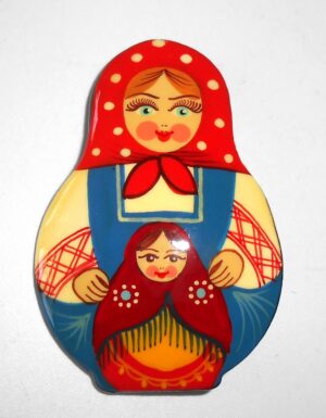 Brooch: Galya with doll red scarf Babushka Matryoshka Babooshki Babushkas