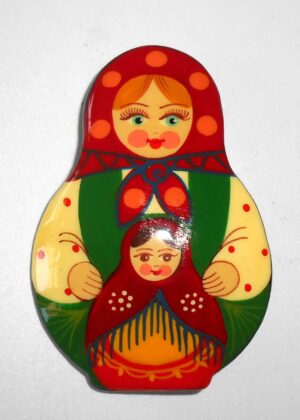 Brooch: Galya with doll burgundy scarf Babushka Matryoshka Babooshki Babushkas