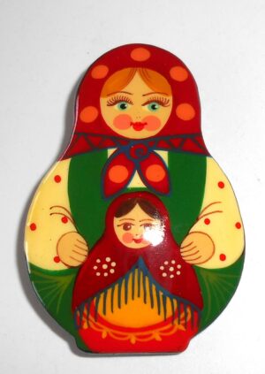 Brooch: Galya with doll burgundy scarf Babooshki s