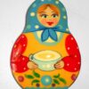 Brooch: Galya with tea cup blue scarf Babooshki s