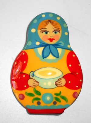 Brooch: Galya with tea cup blue scarf Babushka Matryoshka Babooshki Babushkas