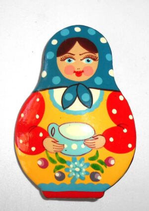 Brooch: Galya with tea cup dark blue scarf Babushka Matryoshka Babooshki Babushkas