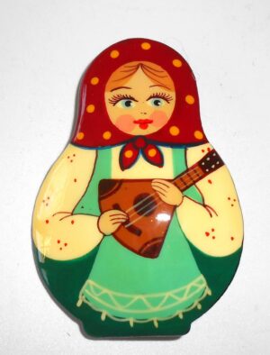Brooch: Galya with balalaika burgundy scarf Babushka Matryoshka Babooshki Babushkas