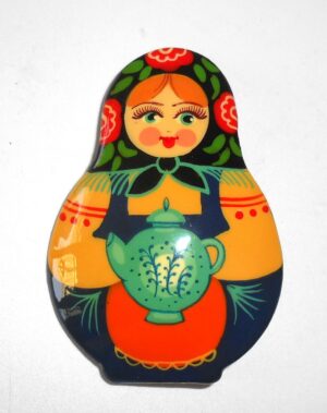 Brooch: Galya with tea pot black scarf Babushka Matryoshka Babooshki Babushkas