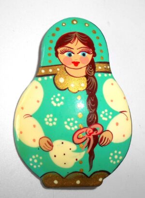 Brooch: Galya with plait cyan dress Babushka Matryoshka Babooshki Babushkas