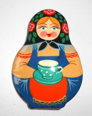 Brooch: Galya with tea cup dark blue scarf Babushka Matryoshka Babooshki Babushkas