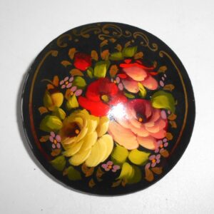 Brooch round: Floral on black Babushka Matryoshka Babooshki Babushkas