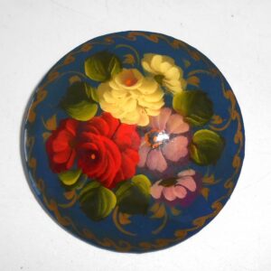 Brooch round: Floral on blue Babushka Matryoshka Babooshki Babushkas