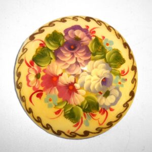 Brooch round: Floral on light yellow Babushka Matryoshka Babooshki Babushkas