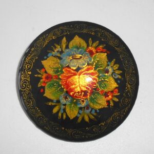 Brooch round w/ornament: Floral on black Babushka Matryoshka Babooshki Babushkas