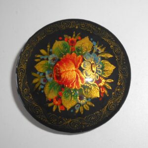 Brooch round w/ornament: Floral on black Babooshki s