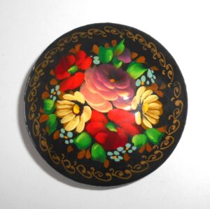 Brooch round: Floral on black Babushka Matryoshka Babooshki Babushkas