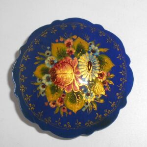 Brooch fancy round w/ornament: Floral on blue Babushka Matryoshka Babooshki Babushkas