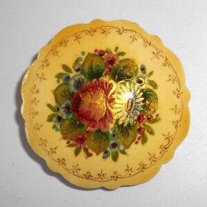 Brooch fancy round w/ornament: Floral on light yellow Babushka Matryoshka Babooshki Babushkas