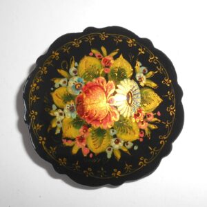 Brooch fancy round w/ornament: Floral on black Babushka Matryoshka Babooshki Babushkas