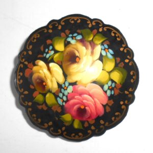 Brooch fancy round: Floral on black Babushka Matryoshka Babooshki Babushkas
