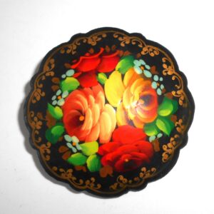 Brooch fancy round: Floral on black Babushka Matryoshka Babooshki Babushkas