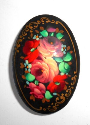 Brooch oval: Floral on black Babushka Matryoshka Babooshki Babushkas