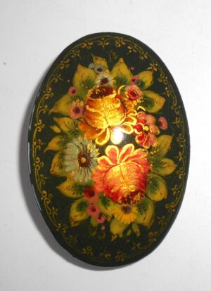 Brooch oval w/ornament: Floral on black Babushka Matryoshka Babooshki Babushkas