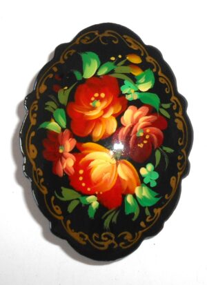 Brooch fancy oval: Floral on black Babushka Matryoshka Babooshki Babushkas