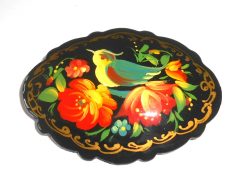 Brooch fancy oval: Bird on black Babushka Matryoshka Babooshki Babushkas