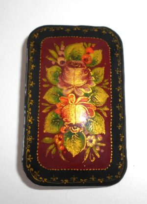 Brooch rectangle w/ornament: Roses on dark red Babushka Matryoshka Babooshki Babushkas