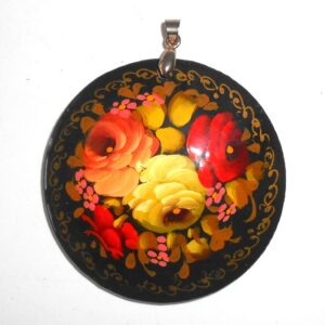 Pendant round: Red & yellow roses on black Babooshki s