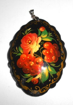 Pendant fancy oval: Red rowan on black Babushka Matryoshka Babooshki Babushkas