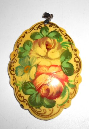 Pendant fancy oval: Flowers on yellow Babushka Matryoshka Babooshki Babushkas