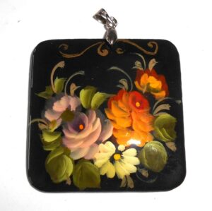 Pendant square: Flowers on black Babushka Matryoshka Babooshki Babushkas